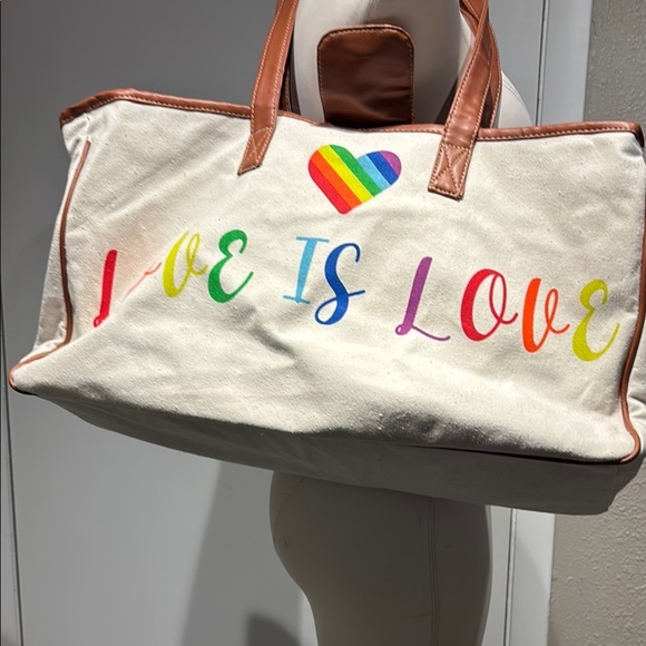 White and Brown Tote with Rainbow Message - Picture 10 of 14